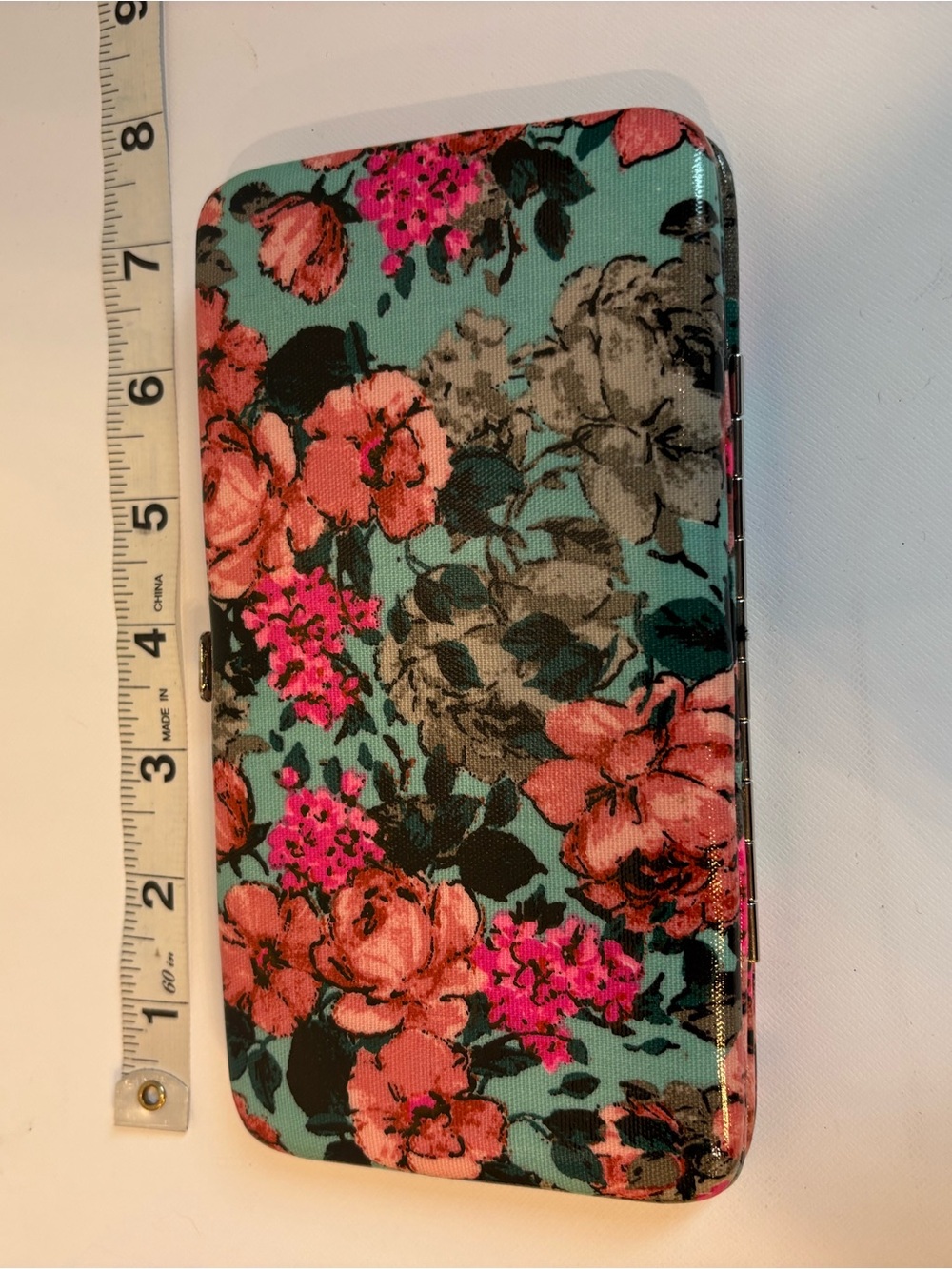 Floral Foldover Wristlet Clutch Case in Teal and Pink